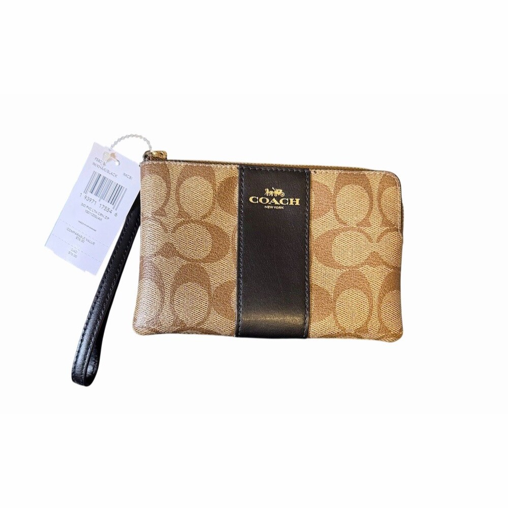 COACH Signature C Wristlet Pouch Womens Small Khaki Brown Black Zip Strap
